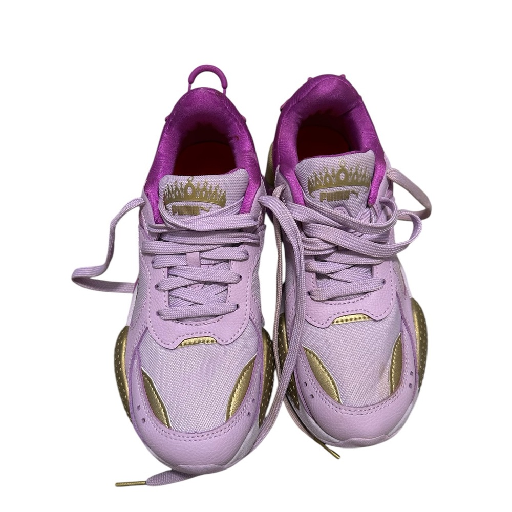 Women's Puma RS-X 7 Shoes Laces Memory Foam Purple Gold Running Retro Look New - Picture 4 of 10